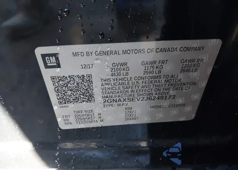 2018 Chevrolet Equinox Lt z USA, uszkodzony, nr VIN 2GNAXSEV2J6249173